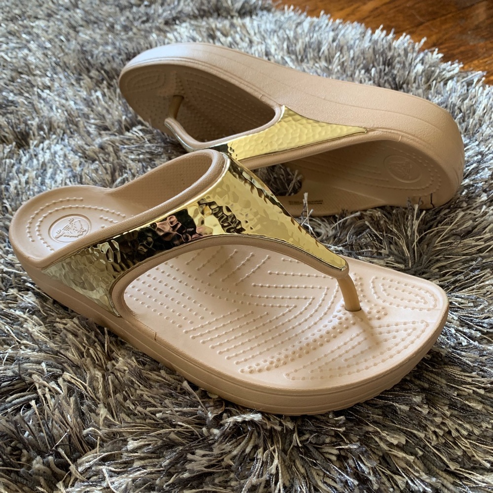 CROCS Gold Sloane Diamante Wedge Flip Flops